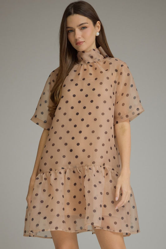 ECRU POLKA DOT SHORT SLEEVE MINI DRESS WITH HIGH NECK & BACK TIE DETAIL