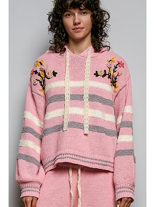 HANDCRAFTED STRIPED LACE TRIM 3D EMBROIDERY HOODED SWEATER