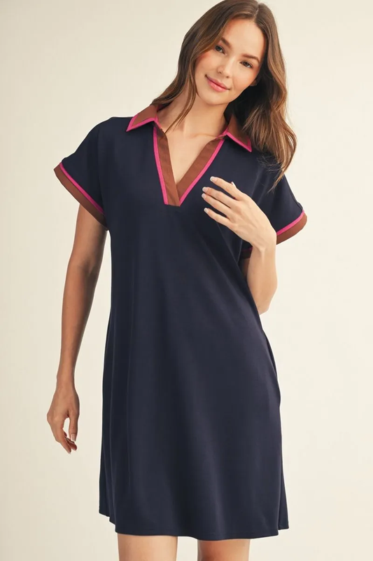 NAVY CASUAL DRESS W/CONTRAST TRIM