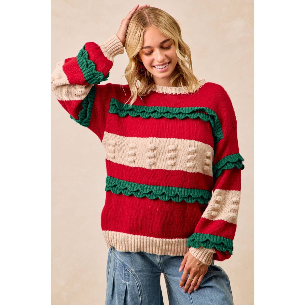 RED & HUNTER GREEN CHRISTMAS THEME RUFFLED DETAIL SWEATER TOP