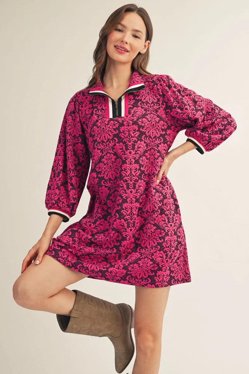 FUCHSIA 3/4 SLEEVE BAROQUE FLORAL PATTERN SHIFT DRESS