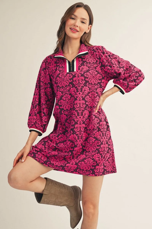 FUCHSIA 3/4 SLEEVE BAROQUE FLORAL PATTERN SHIFT DRESS