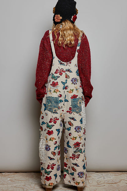 ALMOND BUTTERFLY VINTAGE FLORAL PATCHWORK PRINT DISTRESSED WIDE LEG OVERALLS