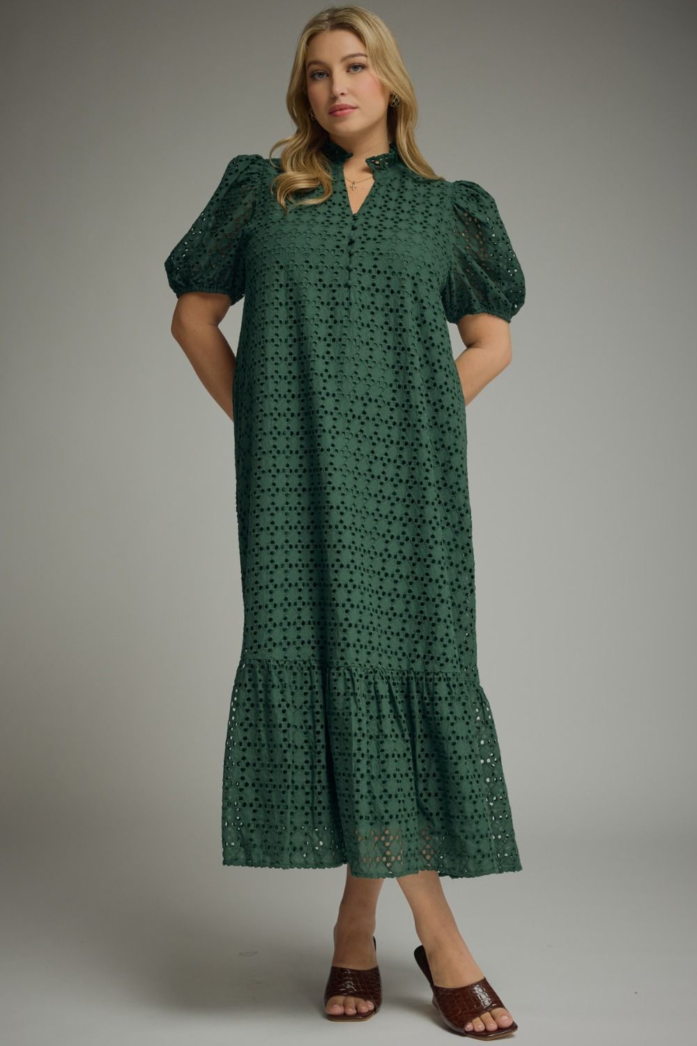 HUNTER GREEN EYELET PUFF SLEEVE MIDI DRESS