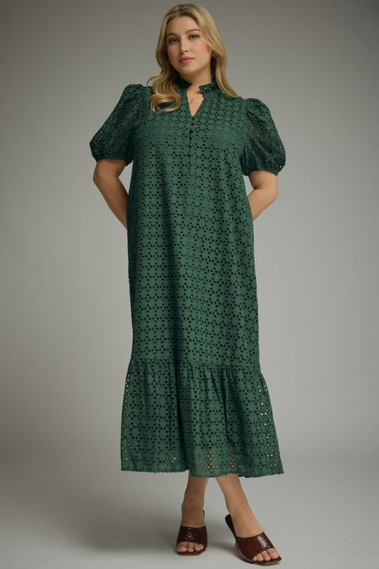 HUNTER GREEN EYELET PUFF SLEEVE MIDI DRESS