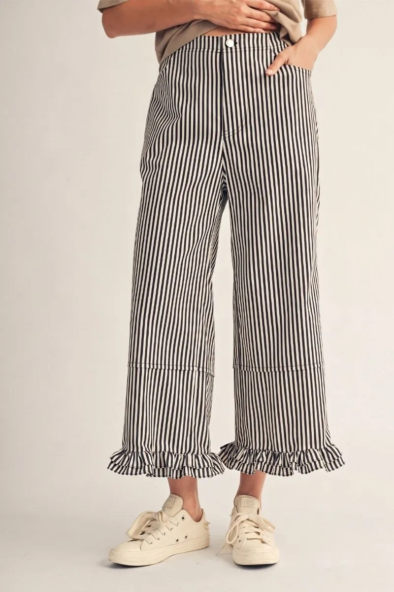 BLACK STRIPE WIDE LEG PANTS WITH RUFFLE HEM