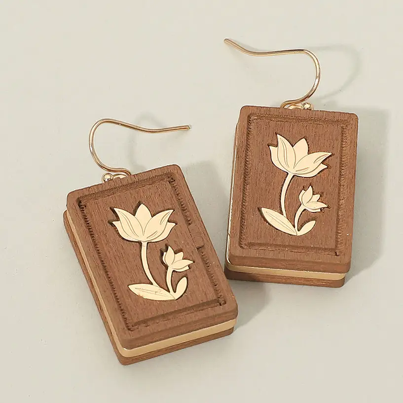 WOODEN MAHJONG TILE CHARM DANGLE EARRINGS