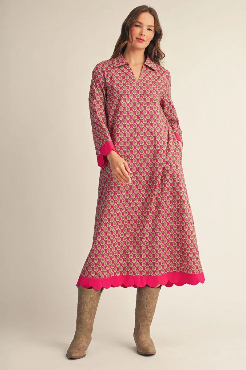 FUCHSIA 3/4 SLEEVE GEOMETRIC FLORAL PATTERN MIDI DRESS WITH SCALLOP EDGE DETAIL