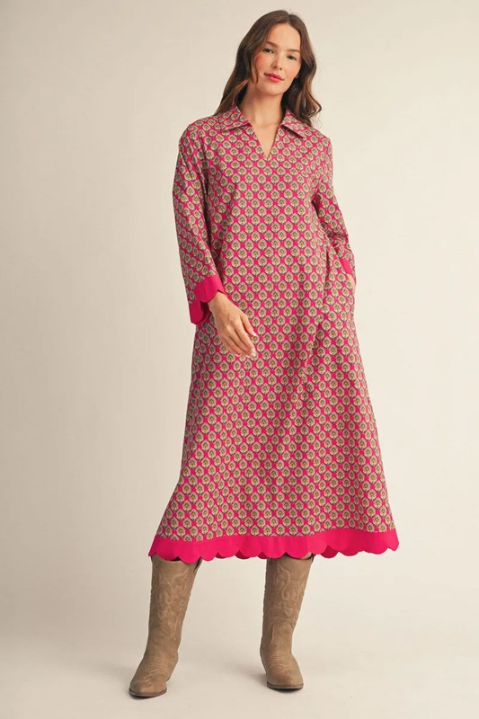 FUCHSIA 3/4 SLEEVE GEOMETRIC FLORAL PATTERN MIDI DRESS WITH SCALLOP EDGE DETAIL