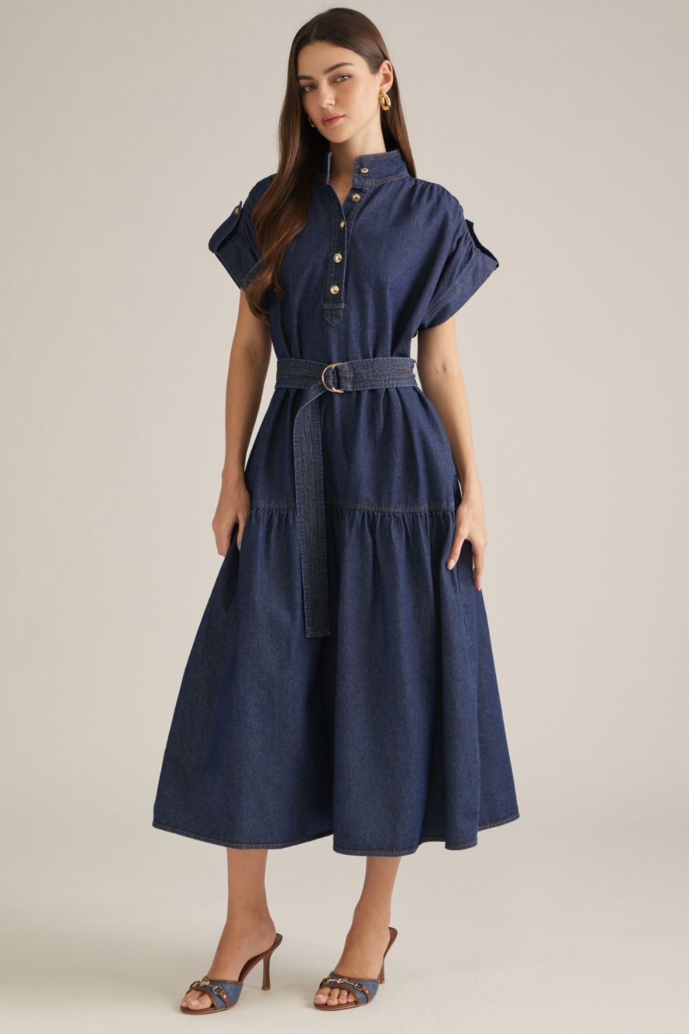 DARK DENIM CAP SLEEVE MIDI DRESS WITH TIE WAIST