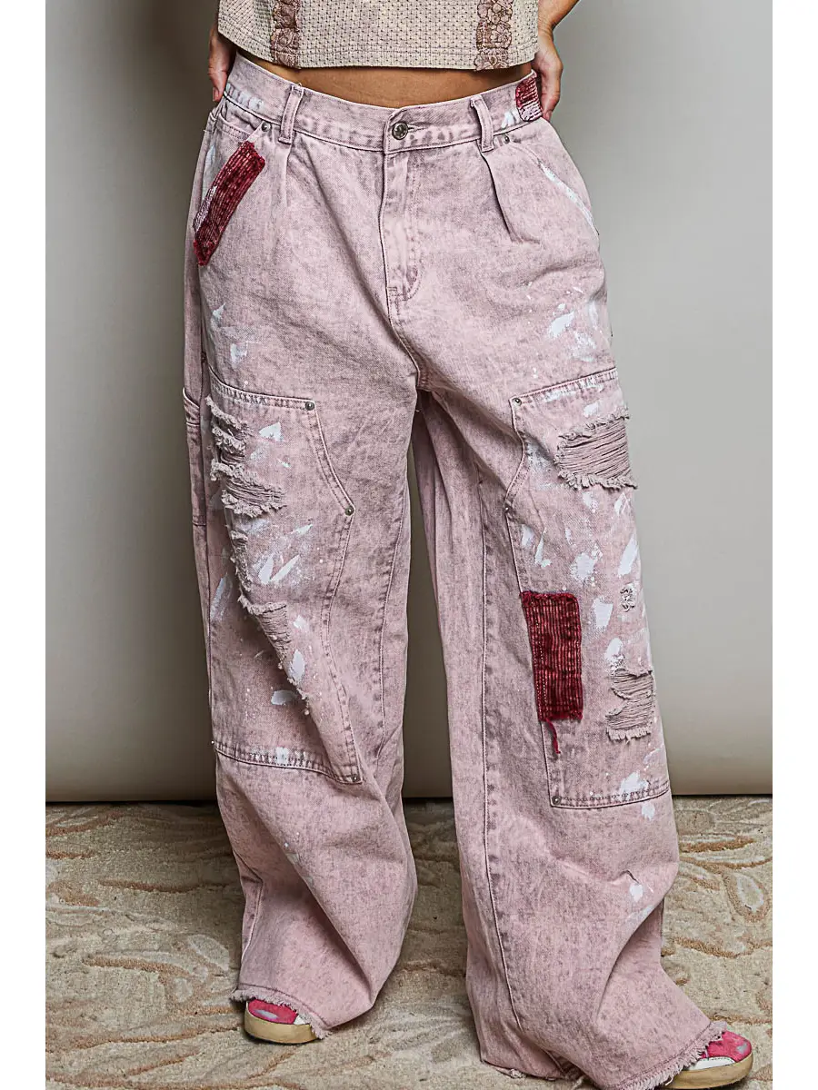 CLOUD PINK RAW EDGE HEM BACK WAISTBAND WOVEN WIDE LEG CARPENTER PANTS