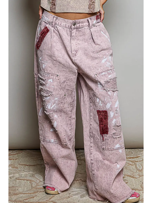 CLOUD PINK RAW EDGE HEM BACK WAISTBAND WOVEN WIDE LEG CARPENTER PANTS
