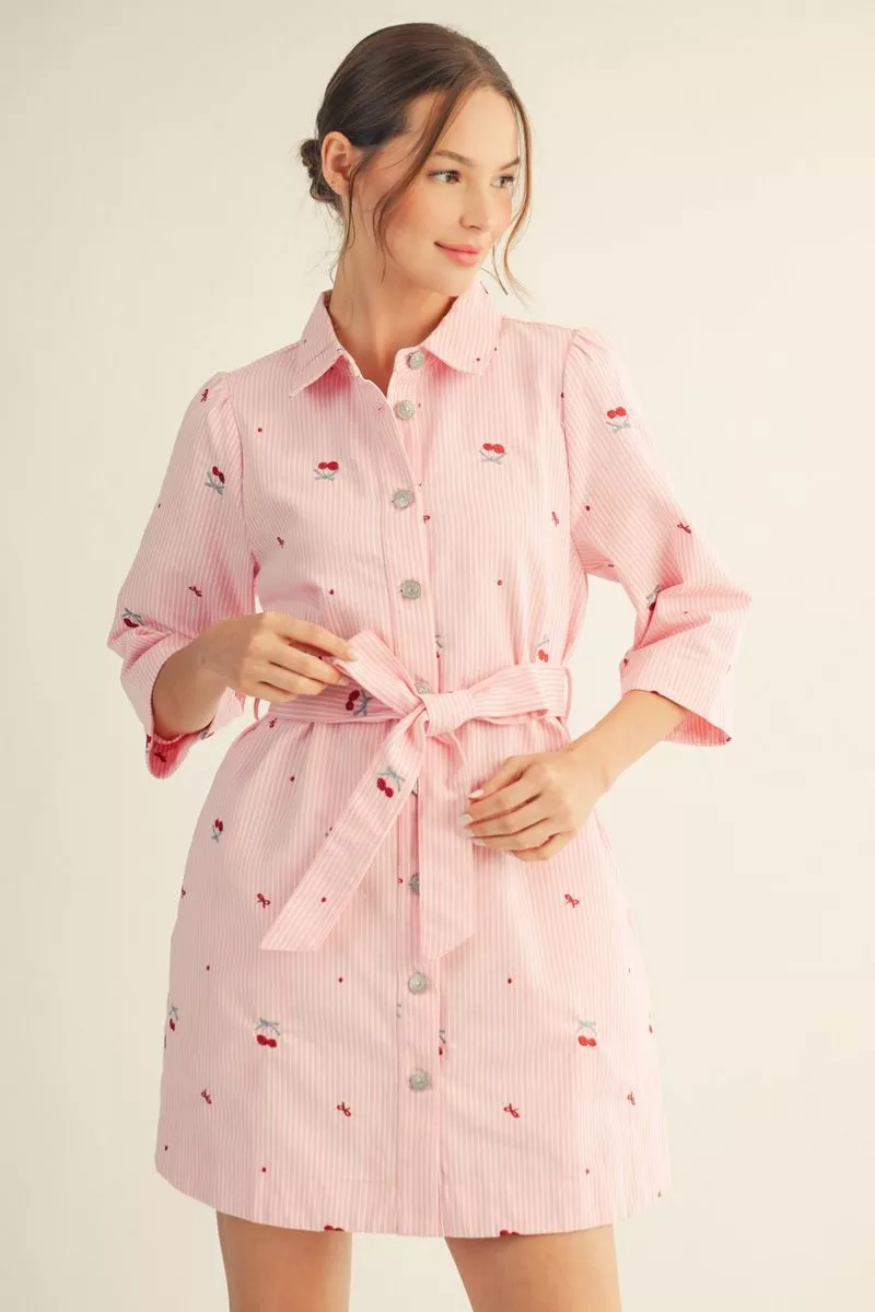 PINK STRIPE BUTTON DOWN TIE WAIST DRESS WITH CHERRY EMBROIDERY DETAIL