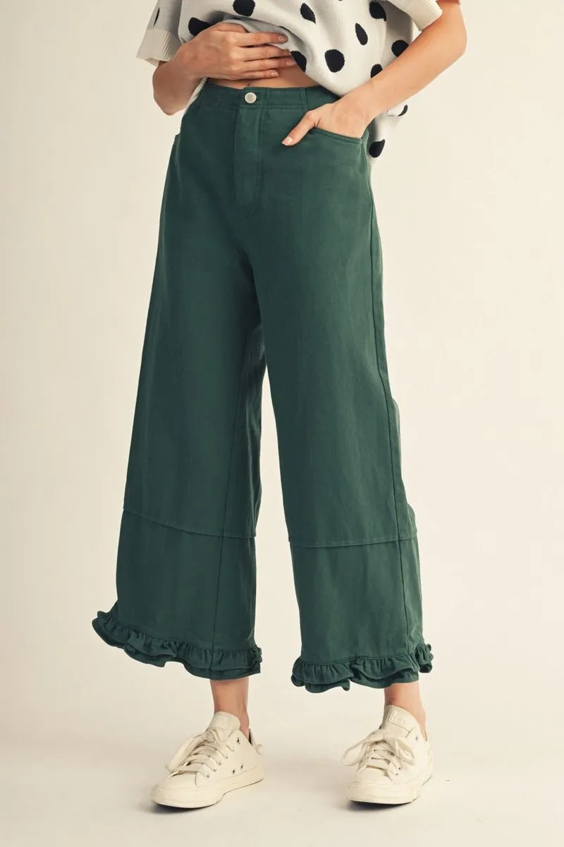 GREEN WIDE LEG PANTS WITH RUFFLE TRIM