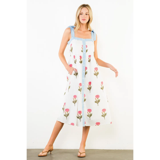 TIE STRAPS WHITE FLORAL PATTERN MIDI DRESS