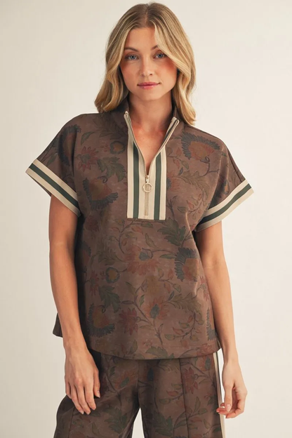 BROWN FRONT ZIP FLORAL 2PC TOP & PANT SET