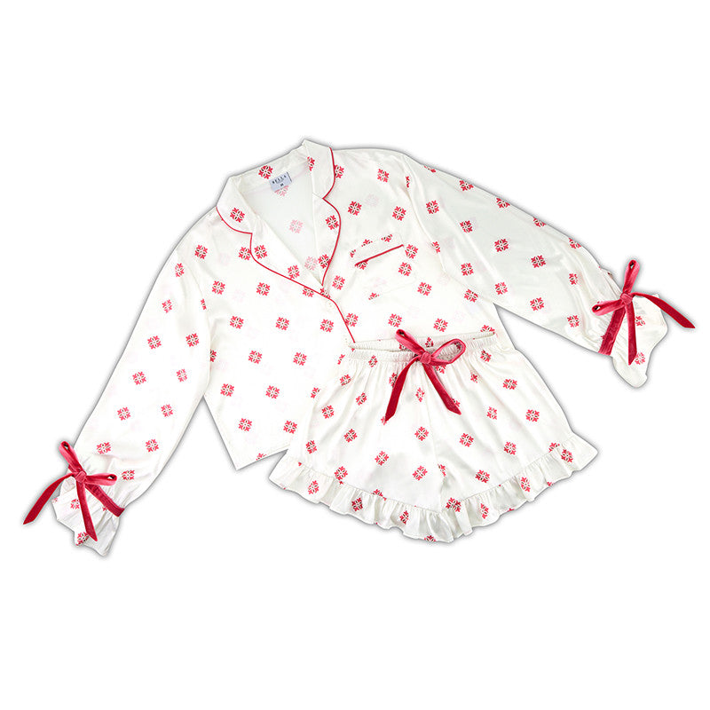 MOROCCAN 2PC CROPPED & RUFFLED SHORT PJS WITH VELVET TIES