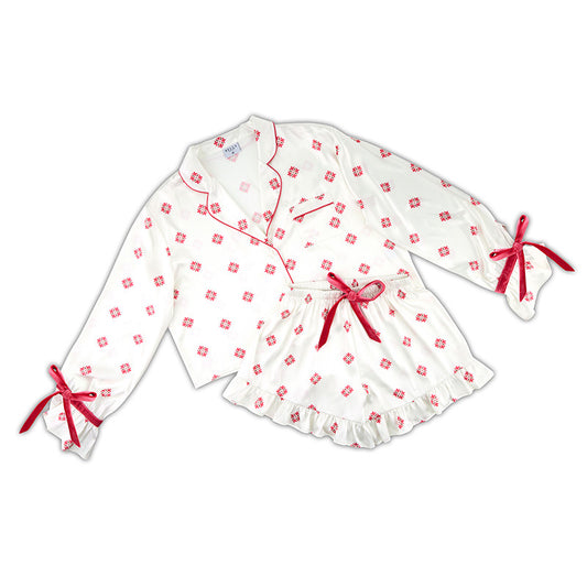 MOROCCAN 2PC CROPPED & RUFFLED SHORT PJS WITH VELVET TIES