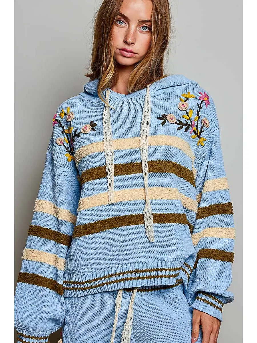 HANDCRAFTED STRIPED LACE TRIM 3D EMBROIDERY HOODED SWEATER