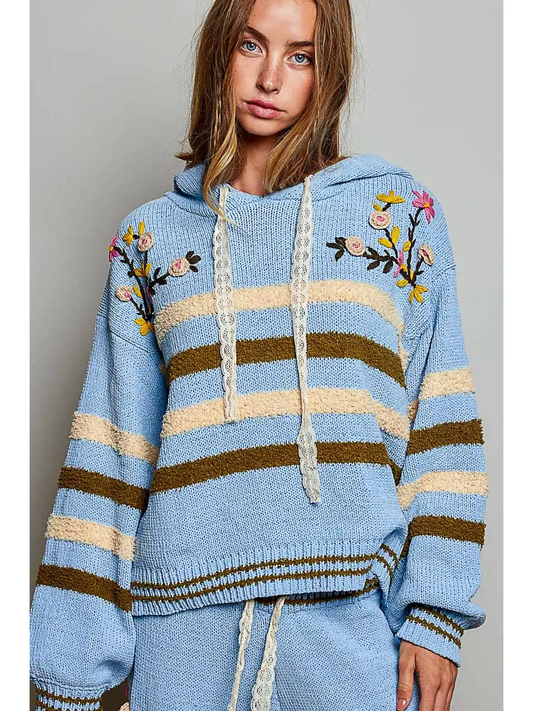 HANDCRAFTED STRIPED LACE TRIM 3D EMBROIDERY HOODED SWEATER