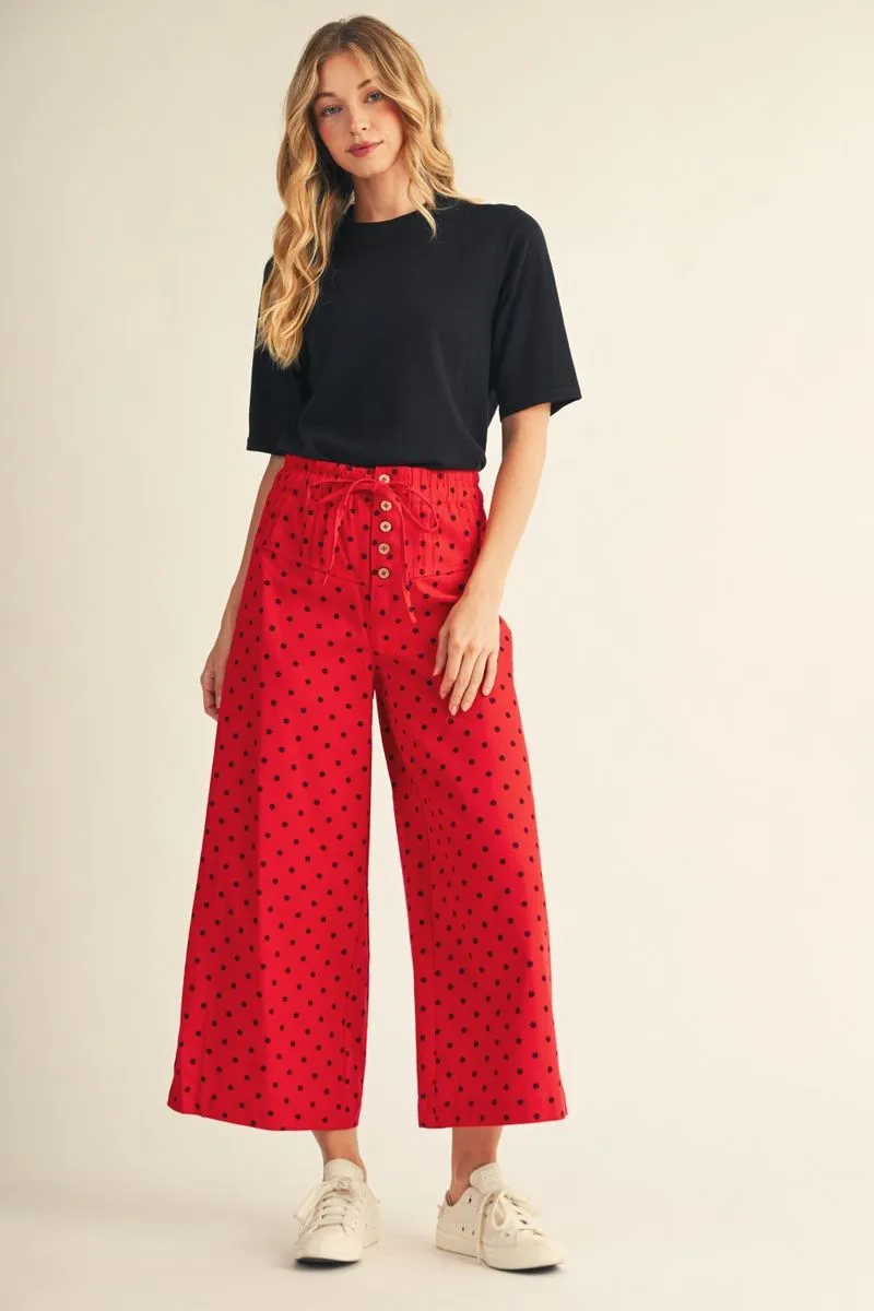 RED BUTTON UP WIDE LEG POLKA DOT PANTS