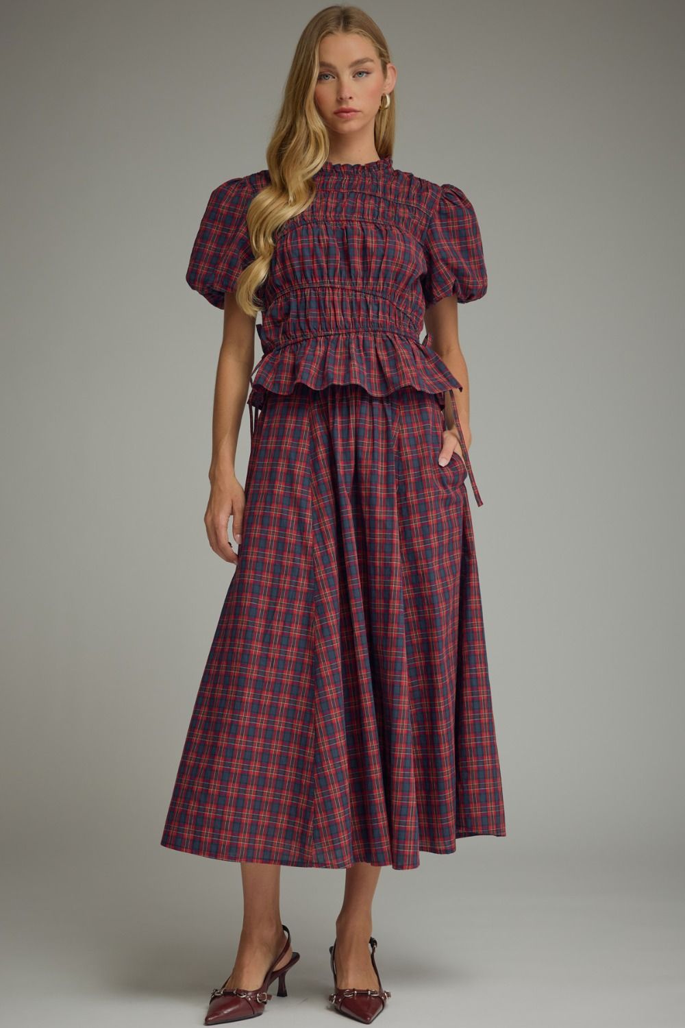 PLAID SHORT PUFF SLEEVE TOP & MIDI SKIRT 2PC SET