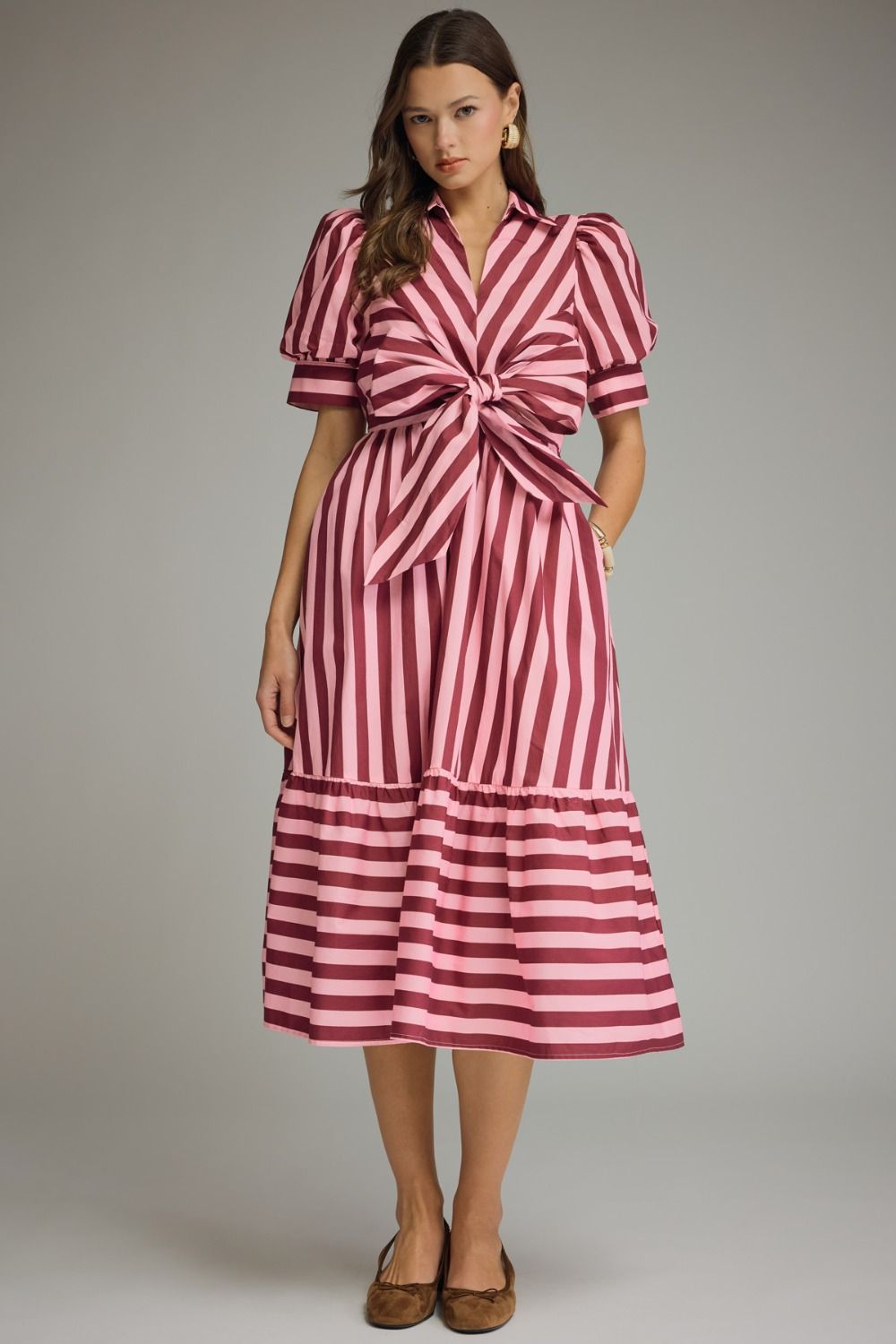 PINK & WINE STRIPED COLLARED PUFF SLEEVE MIDI DRESS WITH TIE FRONT DETAIL