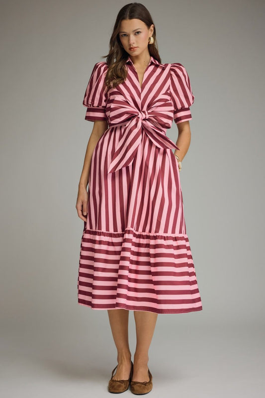 PINK & WINE STRIPED COLLARED PUFF SLEEVE MIDI DRESS WITH TIE FRONT DETAIL