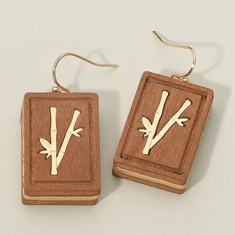 WOODEN MAHJONG TILE CHARM DANGLE EARRINGS