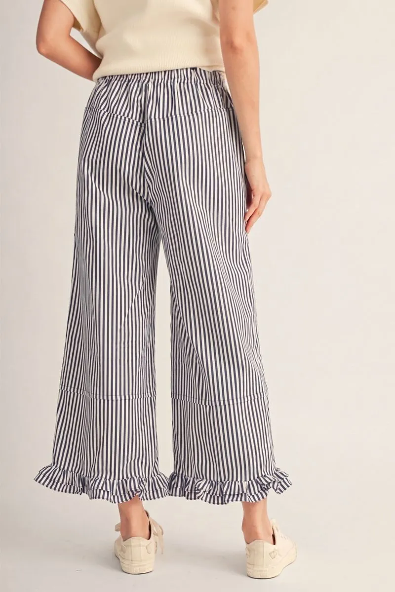 DENIM STRIPE WIDE LEG PANTS WITH RUFFLE HEM