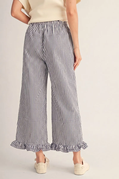 DENIM STRIPE WIDE LEG PANTS WITH RUFFLE HEM