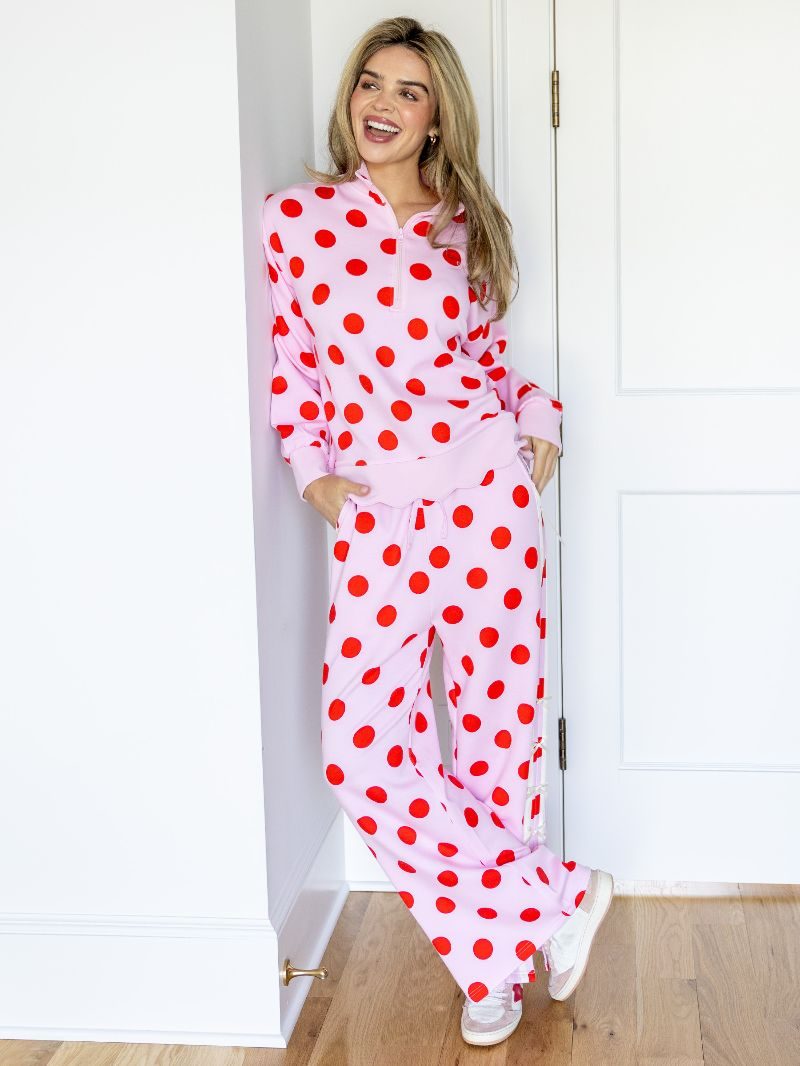 PINK POLKA DOT QUARTER ZIP PULLOVER SWEATSHIRT & SWEATPANTS 2PC SET