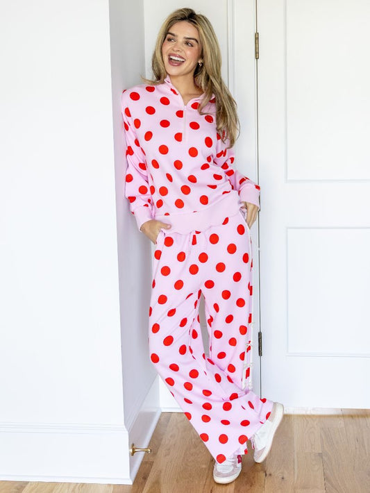PINK POLKA DOT QUARTER ZIP PULLOVER SWEATSHIRT & SWEATPANTS 2PC SET