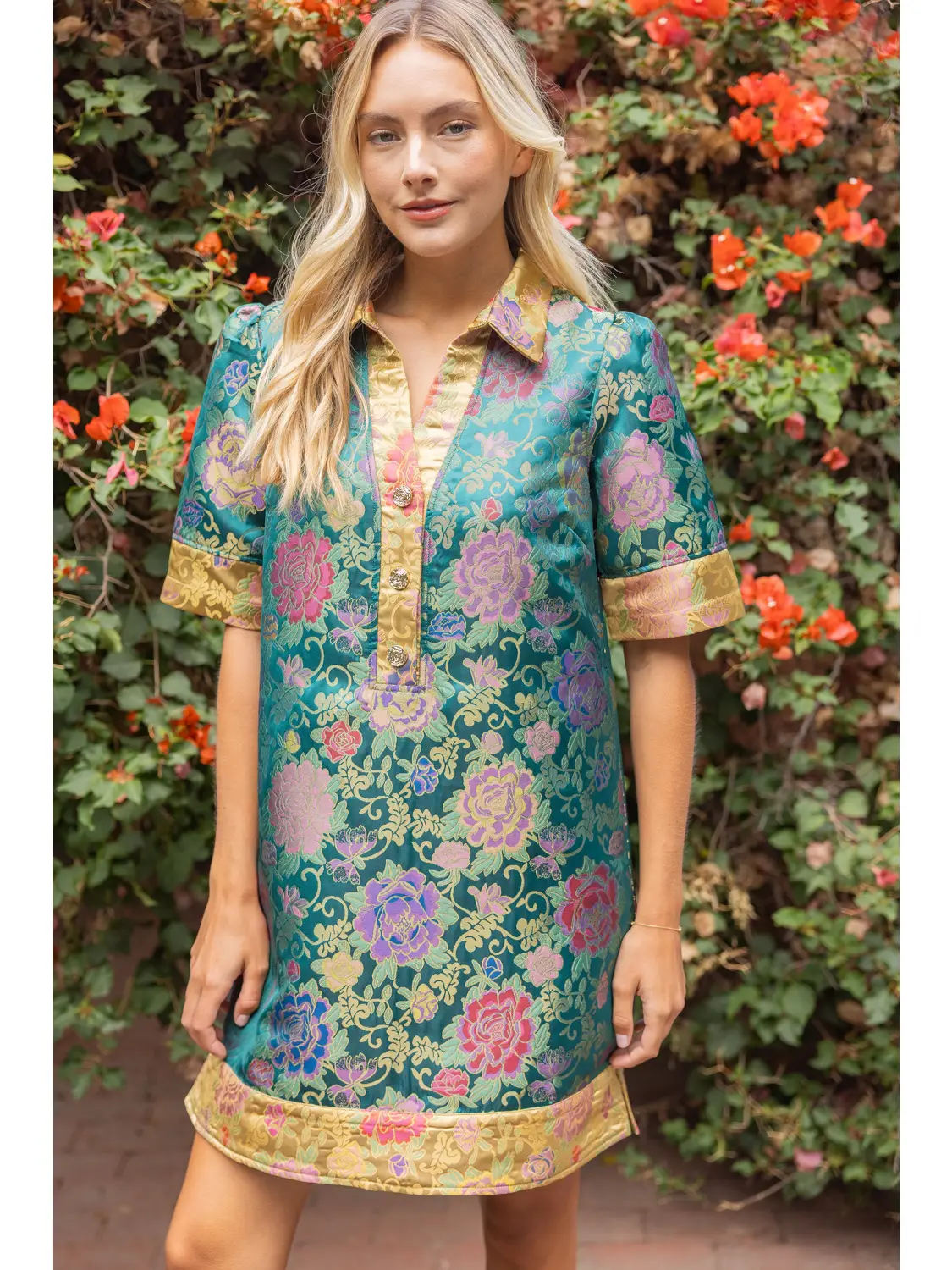 GREEN COLOR BLOCK COLLARED FLORAL JACQUARD DRESS
