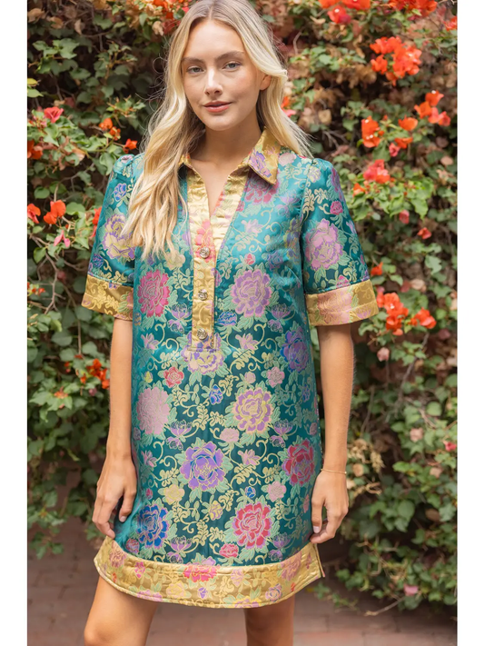GREEN COLOR BLOCK COLLARED FLORAL JACQUARD DRESS