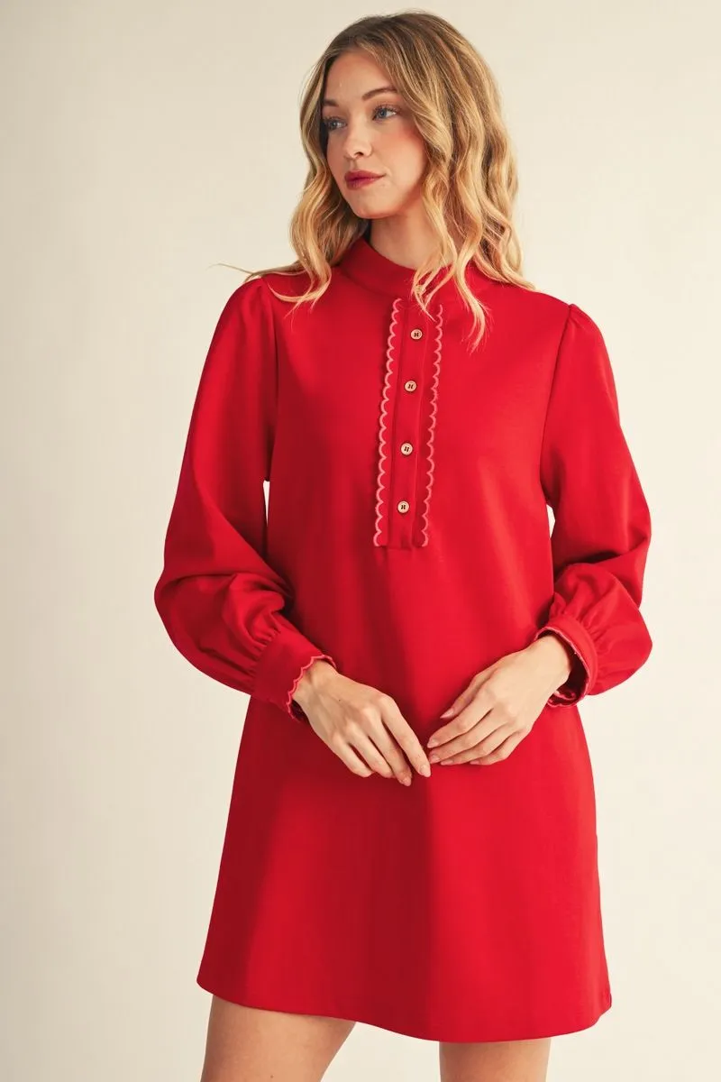 RED LONG SLEEVE BUTTON UP DRESS WITH EMBROIDERED ACCENT DETAIL