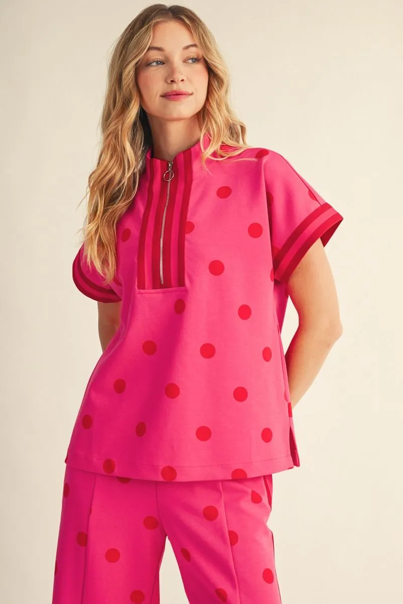 HOT PINK FRONT ZIP POLKA DOT BLOUSE