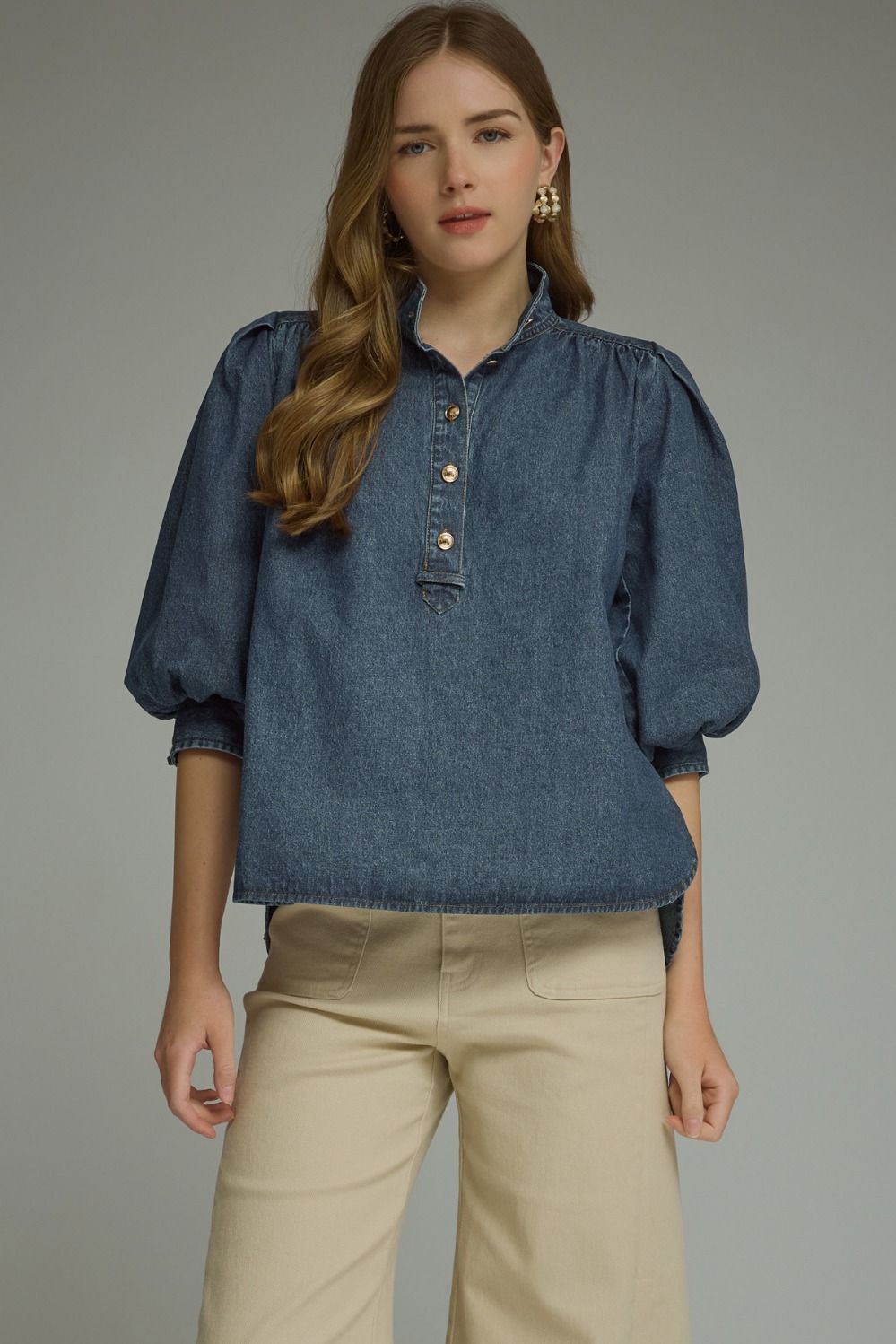 DARK DENIM 3/4 PUFF SLEEVE TOP