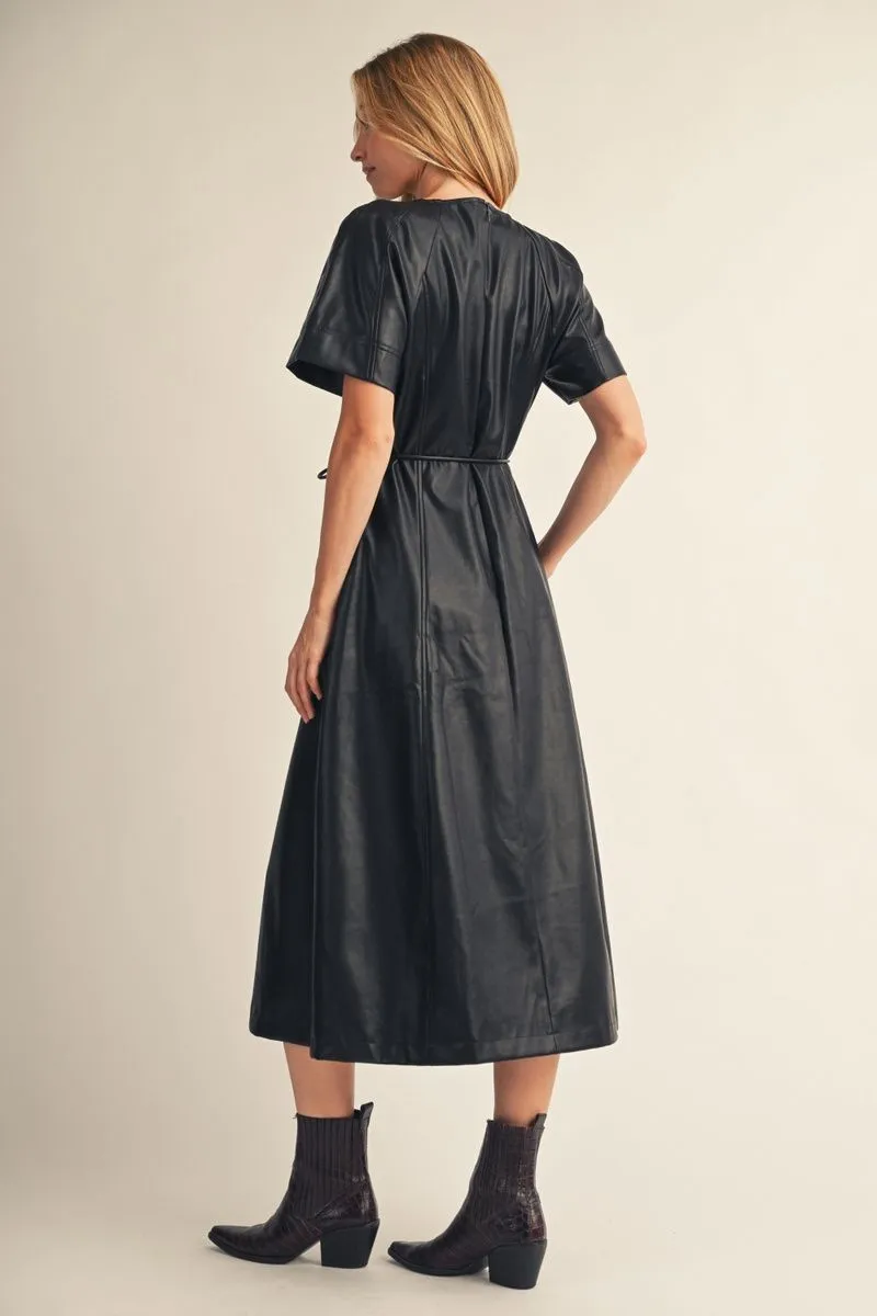 BROWN FAUX LEATHER WAIST TIE MIDI DRESS