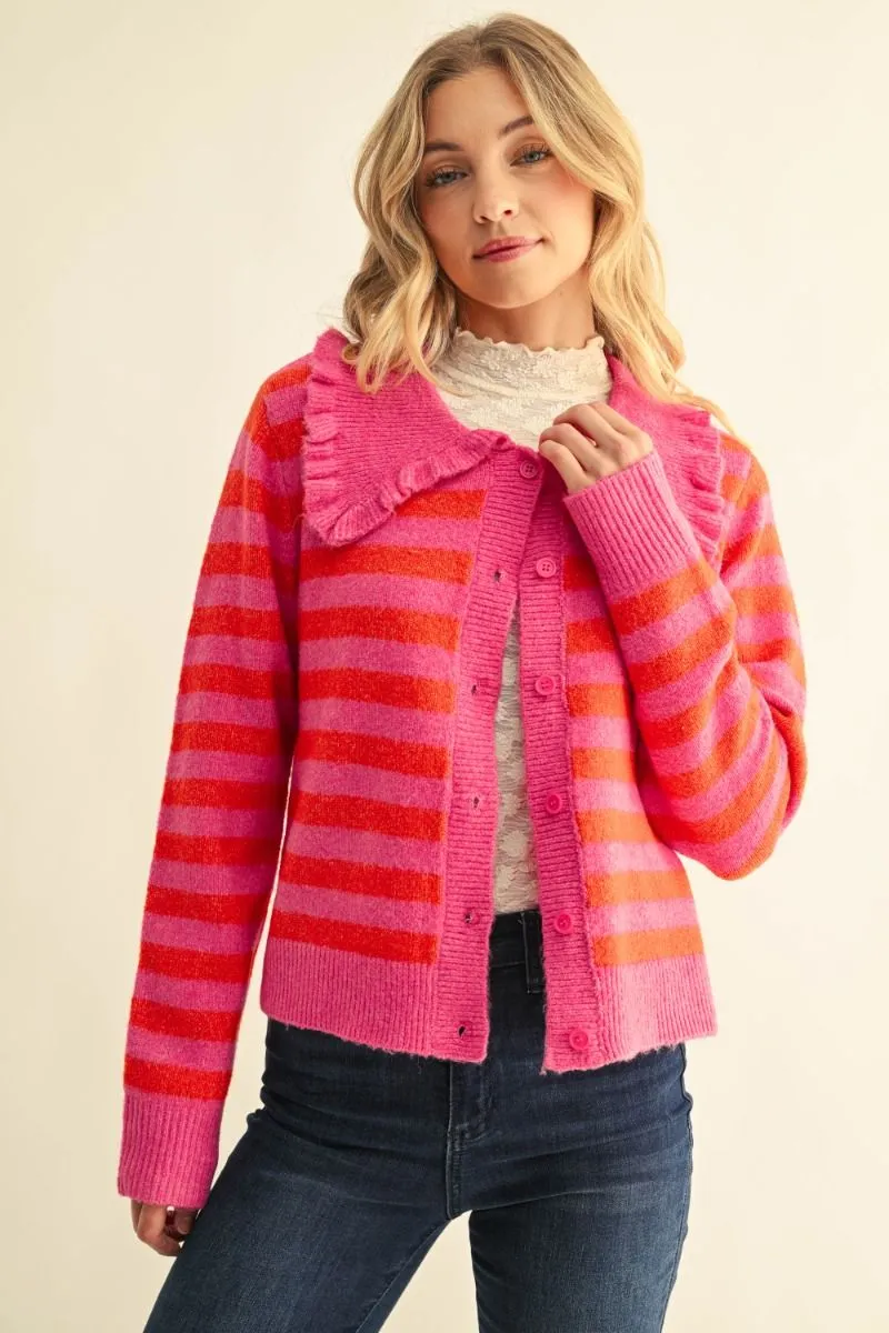 HOT PINK STRIPE CARDIGAN WITH PETER PAN COLLAR