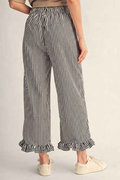 BLACK STRIPE WIDE LEG PANTS WITH RUFFLE HEM