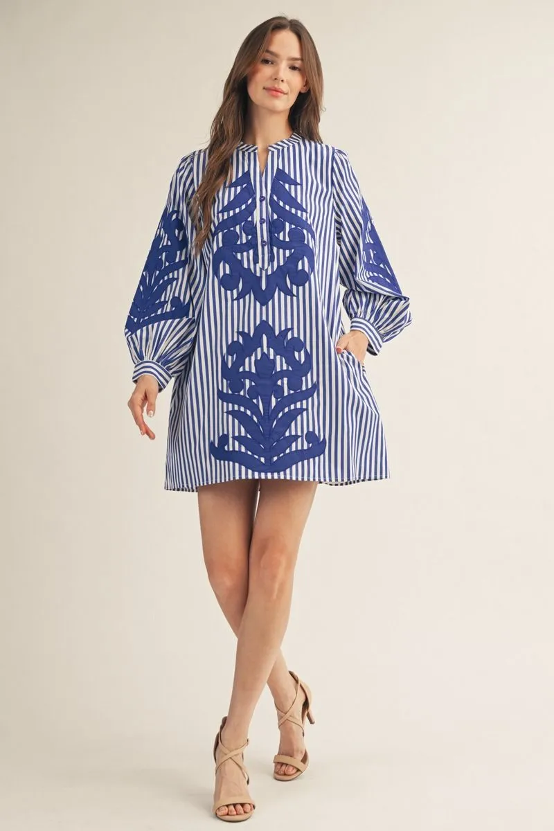 LONG PUFF SLEEVE BLUE STRIPE DRESS WITH BAROQUE APPLIQUE