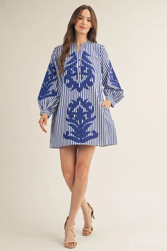 LONG PUFF SLEEVE BLUE STRIPE DRESS WITH BAROQUE APPLIQUE