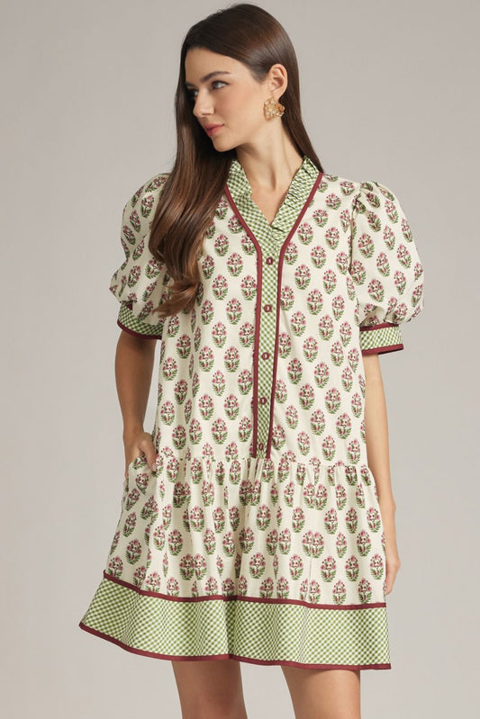 ECRU SHORT PUFF SLEEVE MINI DRESS WITH GINGHAM TRIM