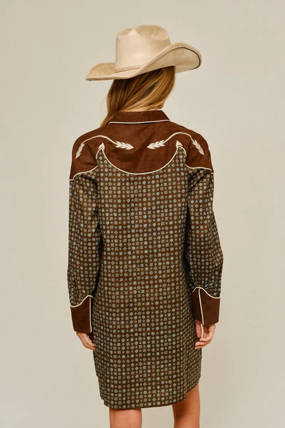 BROWN MIX PATER WESTER STYLE DRESS WITH FAUX SUEDE CONTRAST DETAIL
