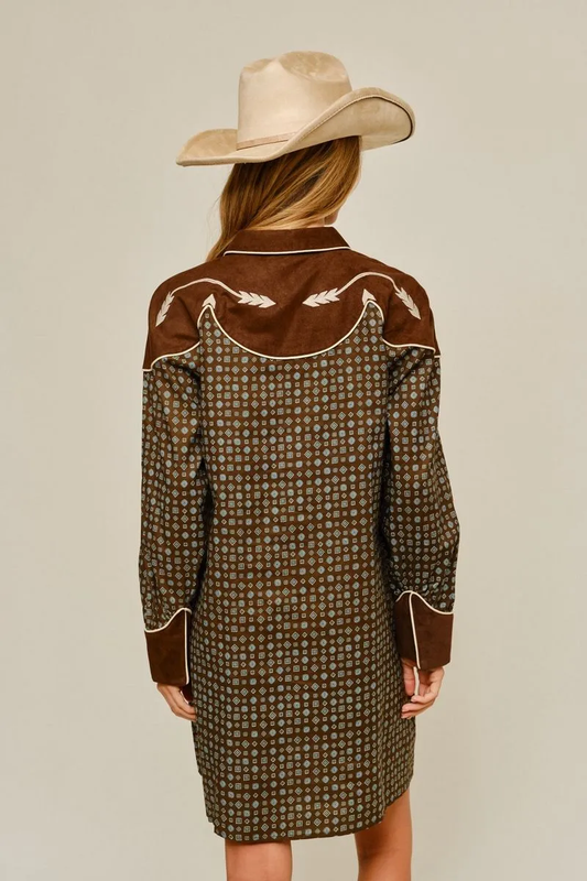 BROWN MIX PATER WESTER STYLE DRESS WITH FAUX SUEDE CONTRAST DETAIL