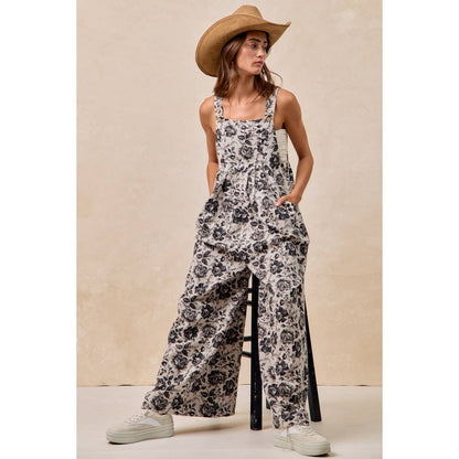 IVORY & BLUE WASHED ROSE PRINTED DENIM OVERALLS
