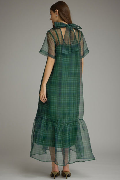 GREEN PLAID SHORT SLEEVE MIDI DRESS WITH HIGH NECK & BACK TIE DETAIL