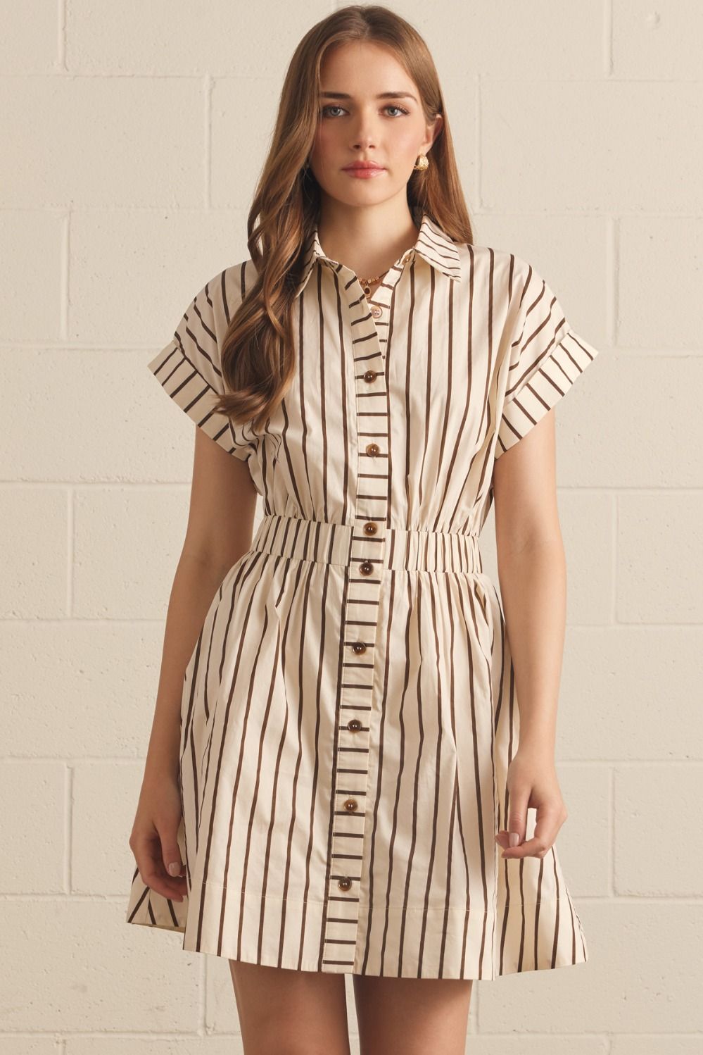 CREAM & BROWN SHORT SLEEVE BUTTON DOWN MINI DRESS
