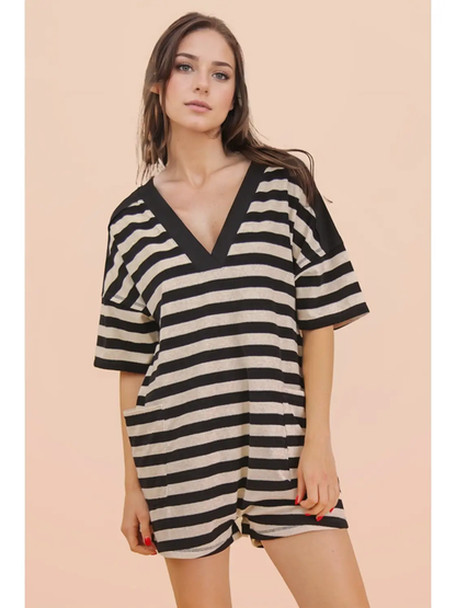 BLACK & OAT STRIPED CASUAL KNIT ROMPER